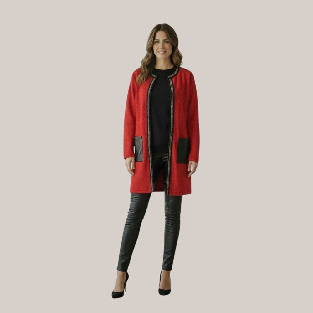 Alberto Makali Red Chain Detail Faux Leather Pockets Open Front Cardigan Med NWT